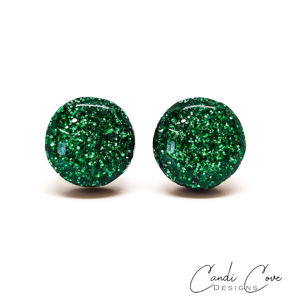 Emerald Sparkle Earrings | Color Dot Stud Earrings | Resin Earrings | Green Dot Studs | Green Sparkly | Colorful Earrings | Circle Studs