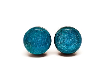Turquoise Stud Earrings Shimmer | 10 mm Wood Earrings | Minimalist Simple Small | Girl Gift Women Gift | Steel Posts for Sensitive ears