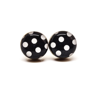 Black and White Polka Dot Stud Earrings | 10 mm Wood & Resin Studs | Mod Retro Earrings | 50s Style Studs | Steel Posts for Sensitive Ears