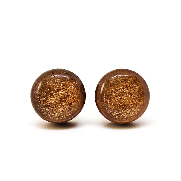 Carmel Bronze Shimmer Stud Earrings | 10 mm Wood & Resin Earrings | Minimalist Simple Small | Bronze Dot | Steel Posts for Sensitive ears