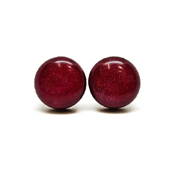 Garnet Shimmer Stud Earrings | 10 mm Wood & Resin Earrings | Maroon Dot Studs | Large Circle Stud | Stainless Steel Posts for Sensitive ears