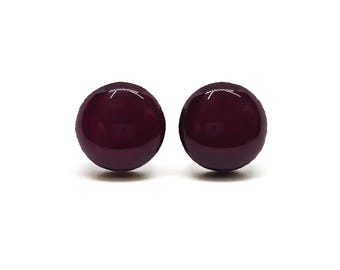 Dark Burgundy Stud Earrings | 10 mm Wood & Resin Earrings | Maroon Dot Stud Earrings | Round Stud Earrings | Stainless Steel Sensitive ears