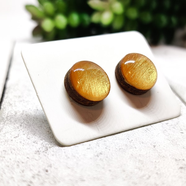 Amber Gold Shimmer Stud Earrings | 10 mm Wood & Resin Earrings | Minimalist Simple Small | | Steel Posts for Sensitive ears