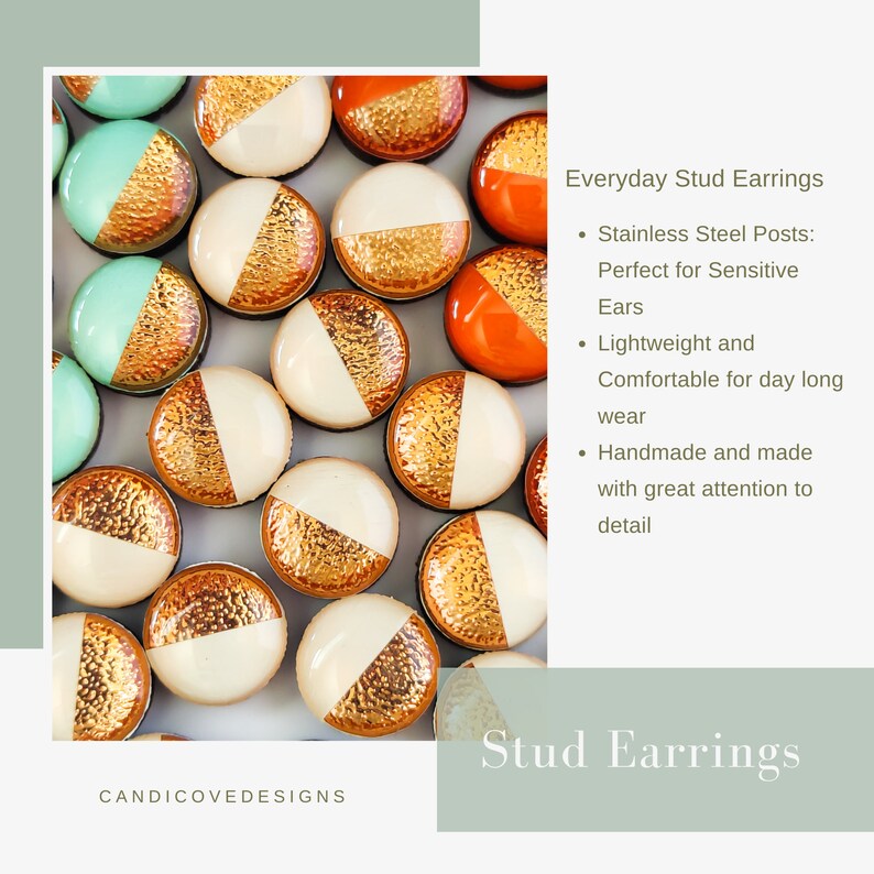 everyday stud earrings stainless steel posts perfect for sensitive ears lightweight and comfortable for day long wear handmade and made with great attention to detail, by candi cove designs showing a picture of mint and rose gold circle studs cream
