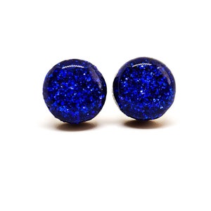 Royal Blue Sparkle Stud Earrings | 10 mm Wood & Resin Earrings | Minimalist Simple Small | Girl Women Gift | Steel Posts for Sensitive ears