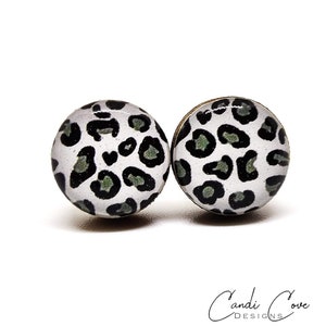 Snow Leopard Wood Stud Earrings | Small Round Earrings | Everyday Earrings Ladies Earrings | Eco Friendly Studs | Cute Gift Studs Resin Stud