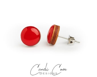 Lipstick Red Stud Earrings | 10 mm Wood & Resin Earrings Hypoallergenic | Red Dot Stud Earrings | Womens Gift Girl Gift | Small Red Earrings