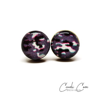 Snow Camo Stud Earrings | 10 mm Wood & Resin Earrings | Minimalist Simple Small | Girl Gift Women Gift | Steel Posts for Sensitive ears