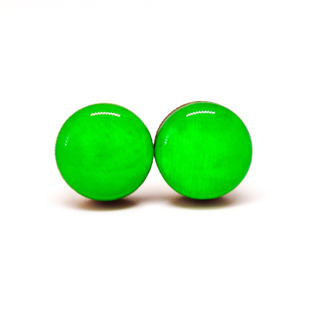Neon Green Stud Earrings 10 Mm Wood & Resin Earrings 90s Stud Earrings Retro Studs Green Dot