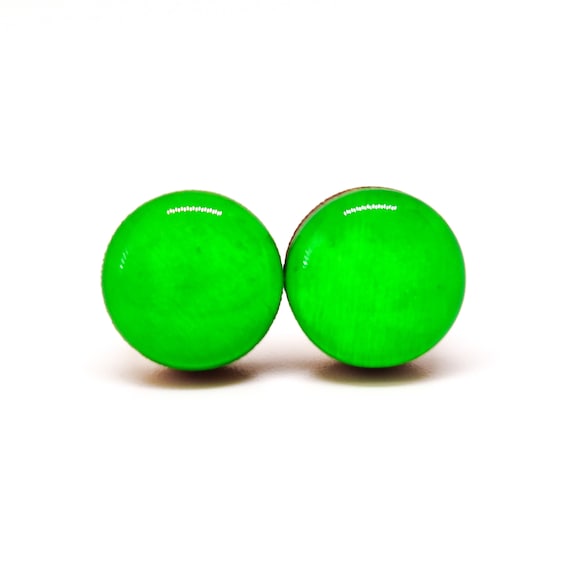 Neon Green Stud Earrings | 10 mm Wood & Resin Earrings | 90s Stud Earrings Retro Studs | Green Dot Studs Steel Posts for Sensitive ears