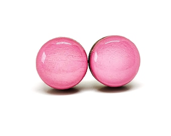 Bubble Gum Pink Stud Earrings | 10 mm Wood & Resin Earrings Hypoallergenic | Pink Dot Stud Earrings | Girl Gift | Posts for Sensitive Ears