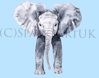 Baby Elephant on blue - gorgeous giclee fine art print of original watercolour painting