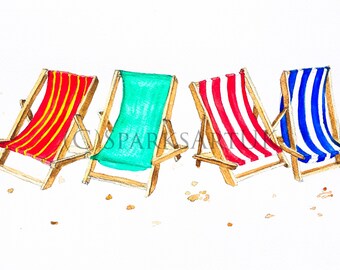 Deckchairs on white - Giclee print of original watercolour painting
