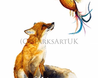 Fearless Fox y Pheasant - hermosa impresión de bellas artes giclee de la pintura original de acuarela