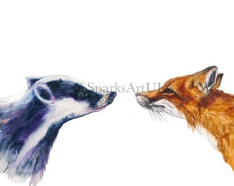 May include: A watercolour painting featuring a badger and a fox, nose to nose. The badger is painted in black, white, and purple tones, and the fox in shades of orange and brown. The background is plain white.