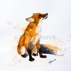 May include: Watercolor painting of a red fox sitting and looking up. The fox is painted in shades of orange, brown, and white. The background is a light wash of watercolor.