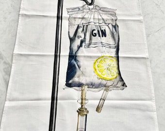 Gin drip (gin and tonic IV) stunning art kitchen cloth - tea towel, cotton-linen blend, print of original watercolour painting