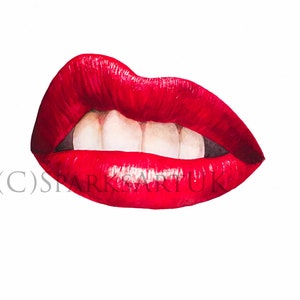 Könnte beinhalten: Nahaufnahme eines roten Mundes mit weißen Zähnen, in Aquarelltechnik gemalt.