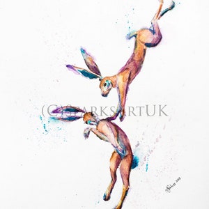 Tanzende Hasen - Druck original Aquarellmalerei