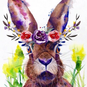 Brown Hare with Flower Crown - Beautiful giclee fine art print  of original watercolour painting