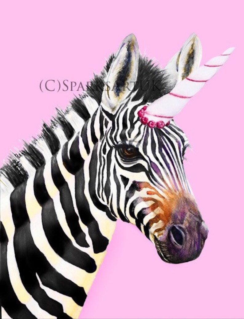 Zebra Unicorn pretty fine art giclee print of original watercolour painting image 1