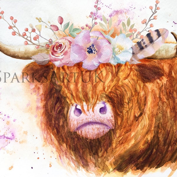 Vache de highland avec la couronne de fleur - impression magnifique d’art de giclee de peinture originale d’aquarelle