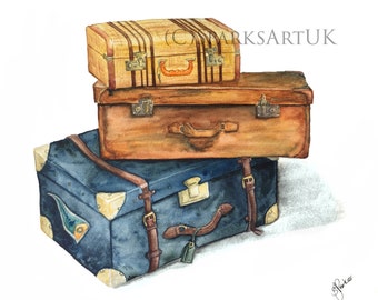 Suitcase Trio - stunning fine art giclee print of original watercolour painting