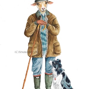 Shepherd & Sheep Dog - beautiful fine art giclee print of original watercolour painting