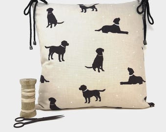 Labrador Kitchen Chair Cushion Covers with Ties,  Beige & Black Dog Dining Seat Pads with Ties, Washable Lab Chair Cushions with Zip