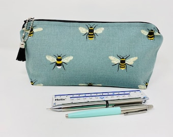 Sophie Allport Teal Bee Zipped Pencil Case, Fabric Bee Print Stationary, Pencil Case, Large Zipped pouch, Cosmetic Bag, Gift for Her