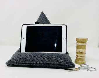 Grey Wool iPad Beanbag, Tartan Tablet Bean Bag, Mens Tech Stand, Gift for Him, Birthday Present for Men, Fathers Day Gift