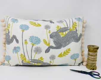 Pom Pom Hare Cushion, Rabbit Cushion Cover, Double Sided Pom Pom Grey and Blue Cushion, Duck Feather Pillow