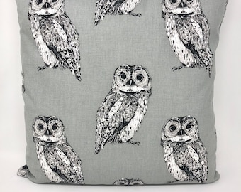 Handmade Grey Owl Print Cushion Cover: Country Home Decor