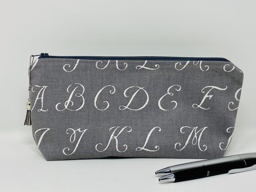 Grey Alphabet Pencil Case: Fabric Letter Print, Large Zipped Pouch - Etsy