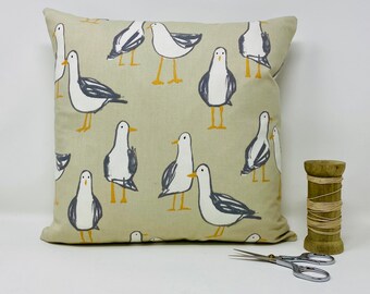 Beige Seagull Cushion Cover, Double Sided Neutral Beach Cushion, Taupe Nautical Seaside Cushion