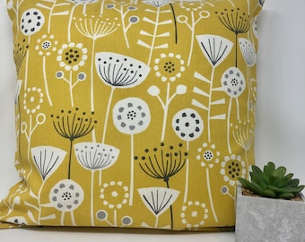 Scandi Yellow Mustard Flower Cushion Cover, Blue and White Cushion Cover, Scandivian Print Cushion Cover, Reversible Zip Opening