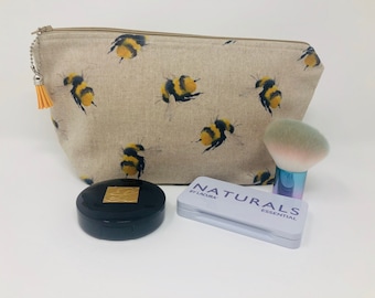 Bumble Bee Zipped Makeup Bag, Fabric Bee Print Pouch, Pencil Case, Large Cosmetic Zipped pouch, Letterbox Gift, Gift for Her