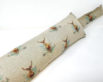 Stag Print Draft Excluder – Weighted Beige Linen/Cotton - Custom Length - Machine Washable