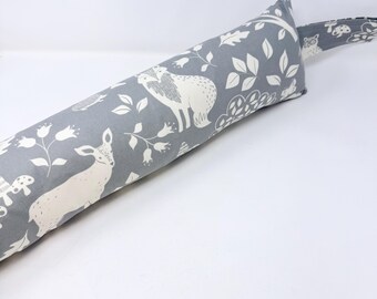 Grey Forest Animal, Deer & Fox Washable Draught Excluder | Owl Print | Squirrel Country Home Gift | Door Draft Stopper