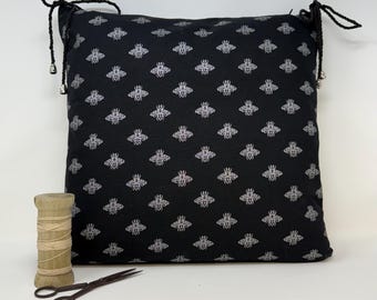 Bumble Bee Kitchen Chair Cushion Covers with Ties,  Black & Silver Dining Seat Pads with Ties, Washable Chair Cushions with Zips