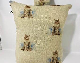 Grey Cat Door Stop, Long Haired Cat Zipped Fabric Door Stopper, Washable Filled Doorstop