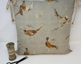 Pheasant Kitchen Chair Cushion Covers with Ties,  Beige & Neutral Pheasant Dining Seat Pads with Ties, Washable Chair Cushions with Zip