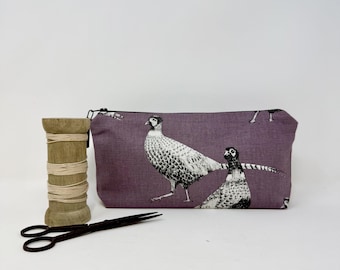 Plum Pheasant Zipped Makeup Bag – Pheasant Print Pouch, Pencil Case or Cosmetic Bag