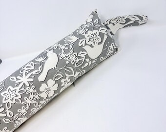Grey Scandi Bird Washable Draught Excluder | White Bird and Flower Print | Scandi Home Gift | Door Draft Stopper