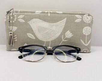 Grey Scandi Bird Glasses Case: Padded Sunglasses Pouch