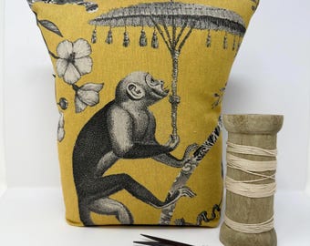 Mustard and Grey Monkey Door Stop, Washable and Refillable Doorstop, Zipped Fabric Door Stopper, Filled Doorstop.
