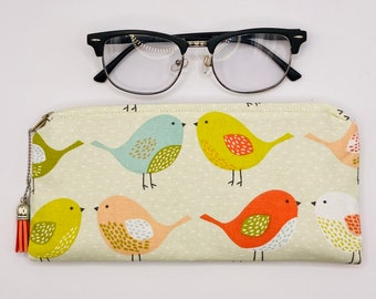Scandinavian Bird Padded Glasses Pouch, Bright Colourful Soft Zipped Reading Glasses Case, Sunglasses Holder, Scandinavian Gifts for her