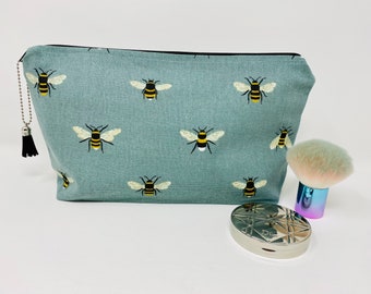 Sophie Allport Teal Bee Zipped Makeup Bag, Fabric Bee Print Pouch, Pencil Case, Large Zipped pouch, Cosmetic Bag, Mothers Day Gift for Her