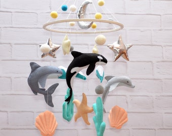 Baby Mobile Ocean. Nursery Decor. Baby Shower Gift. Orca, Shark. Coastal Nursery Decor.