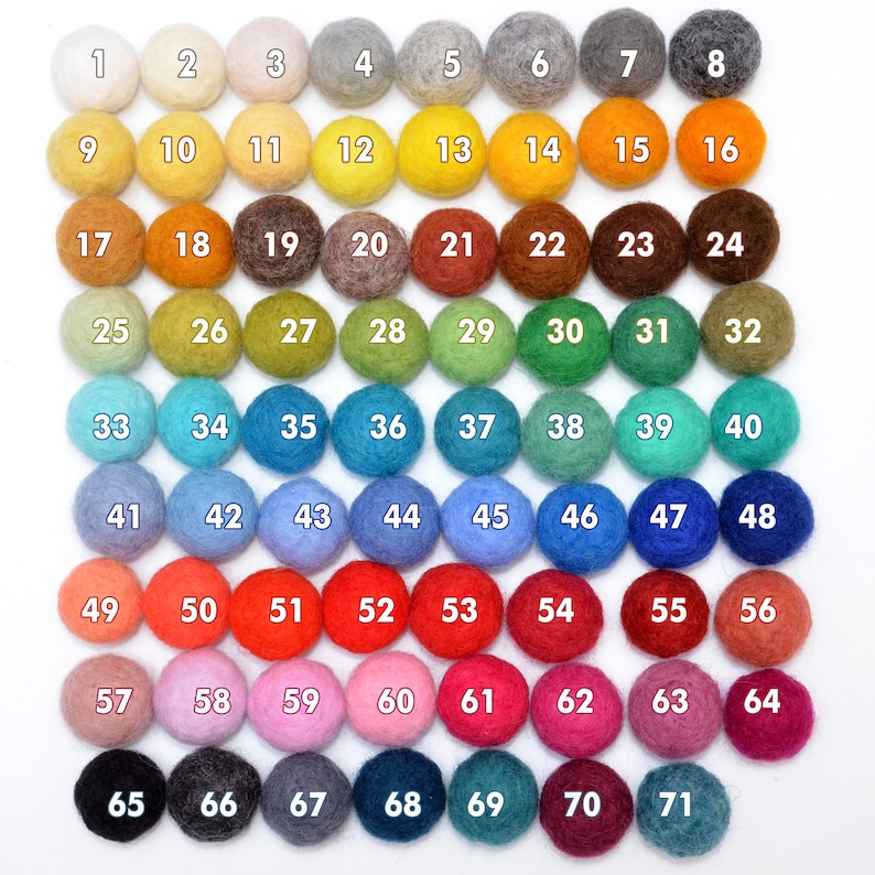 May include: A chart of 71 felt balls in various colors, numbered 1 through 71. The balls are arranged in rows and columns.